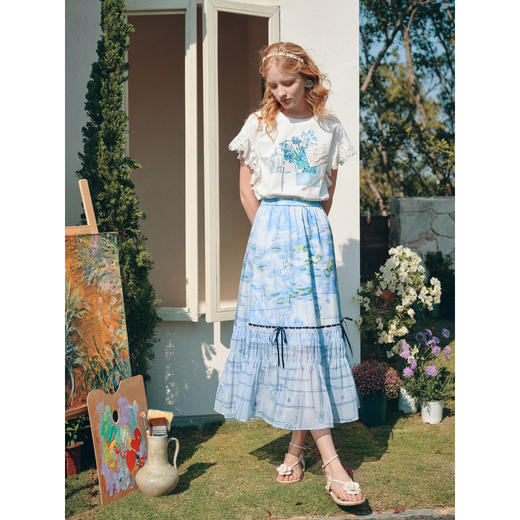 两三事雾屿微光2026夏季新款小清新蝴蝶结蕾丝拼接印花高腰半身裙 商品图2