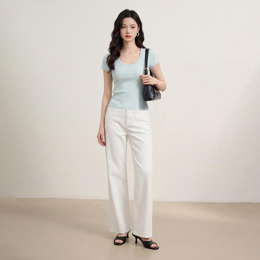 西遇纯色百搭2026春夏新款法式U领女修身显瘦上衣打底衫短袖T恤H0060191 商品图1