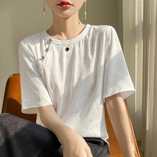 【三醋酸缎面提花新中式T恤衫】圆领套头宽松短袖衬衫t恤小衫 商品图3