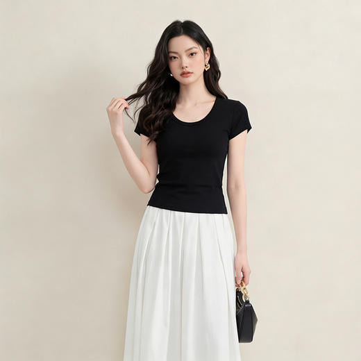西遇纯色百搭2026春夏新款法式U领女修身显瘦上衣打底衫短袖T恤H0060191 商品图2