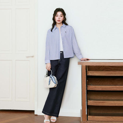 【萌宠系列】诗凡黎刺绣条纹衬衫25夏新款韩系休闲上衣3G4620631 商品图1