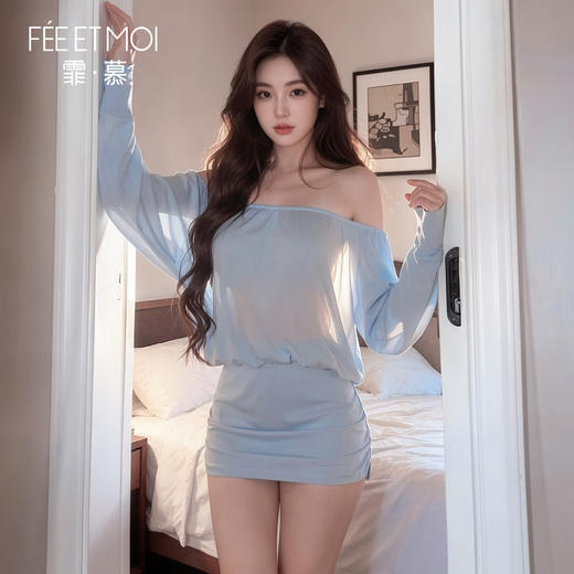 霏慕 纯欲露背斜肩长袖连衣裙6501 商品图3