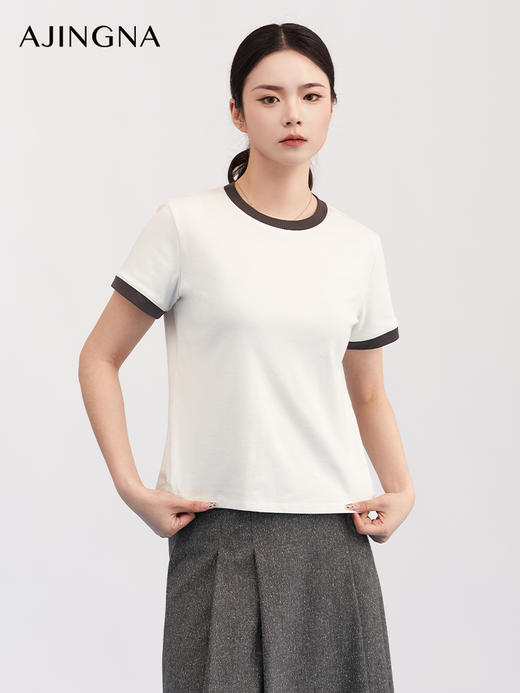 【商场同款】阿菁娜春夏季新款设计感白T恤撞色包边设计微宽松H型显瘦遮肉A31X101006 商品图1
