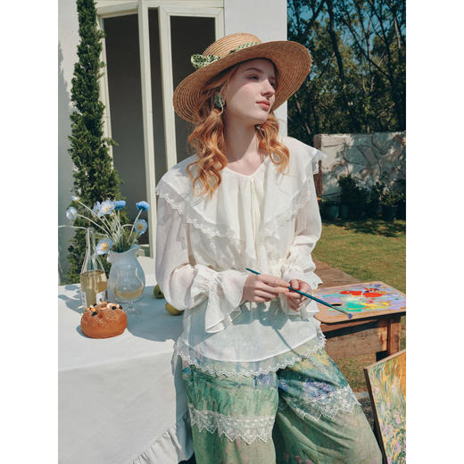 两三事梵高文艺薄色自持2026夏新款蕾丝拼接荷叶边两件套雪纺衫女 商品图1