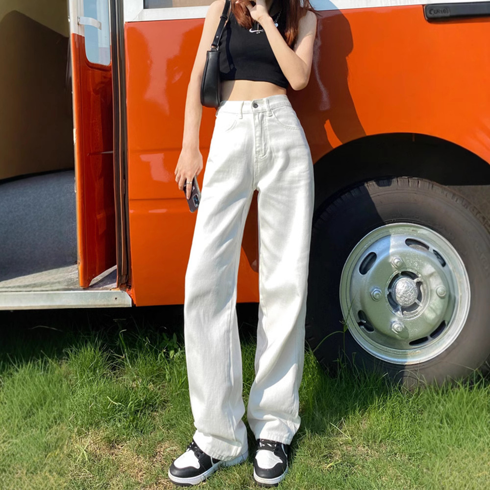 春夏新款【白色高腰窄版阔腿牛仔裤】显瘦直筒垂感拖地长裤子