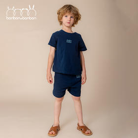 深蓝刺绣细节T恤/短裤套装