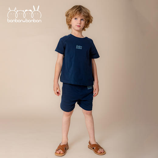 深蓝刺绣细节T恤/短裤套装 商品图0