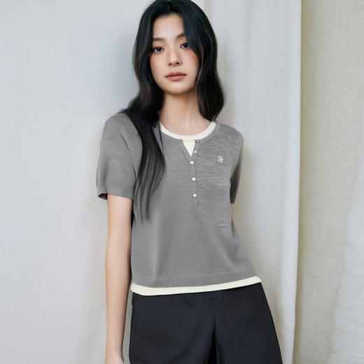 【商场同款】诗凡黎天丝假两件针织衫25秋新款短袖上衣3G7231291 商品图0