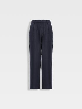 callisto藏青天丝亚麻混纺鱼骨纹微直筒西裤