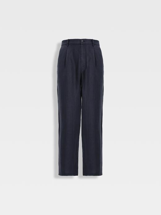 callisto藏青天丝亚麻混纺鱼骨纹微直筒西裤 商品图0