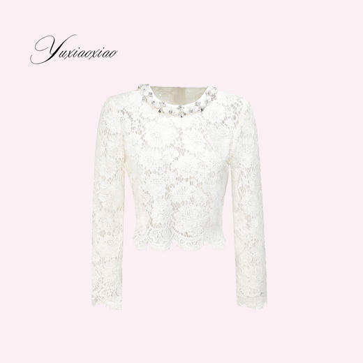 【孤品样衣，不退不换】【浮梦白山茶】气质重工织带领口镂空蕾丝上衣&半裙套装 商品图3