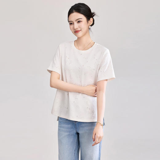 「高货wl」全新升级【铂金会员192/天猫259/差价67】(12502)洛诗琳气质宽松腰果烧花短袖2026夏季新款下摆开衩休闲T恤 商品图1