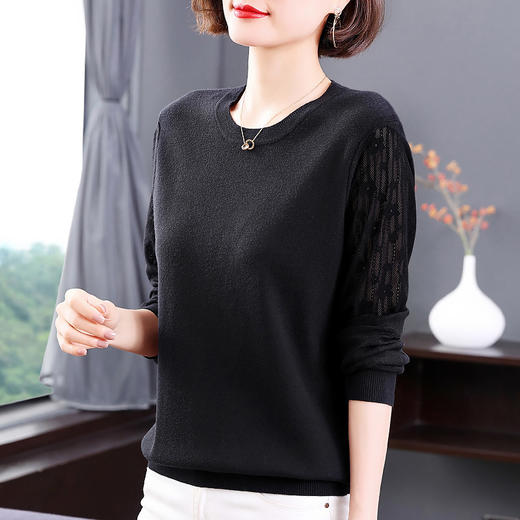 长袖黑色针织衫女2026年新款春秋妈妈毛衣大码蕾丝打底衫内搭上衣 商品图1
