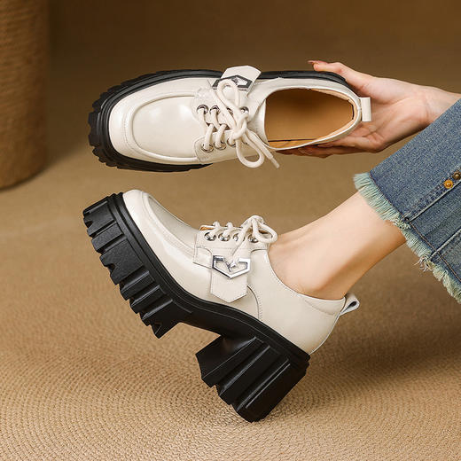 【预售5天】英伦风厚底真皮乐福鞋女系带深口单鞋小个子增高百搭小皮鞋MWLR&WW56905 商品图1