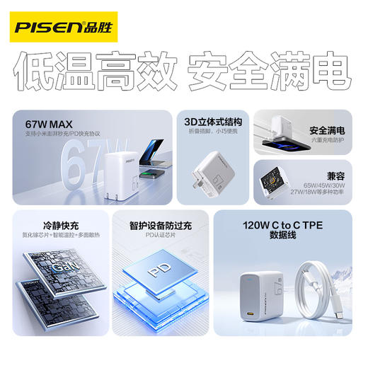 品胜 67W澎湃氮化镓便携旅行单口快速充电器套装小米/华为/苹果充电头Type-C口 商品图4