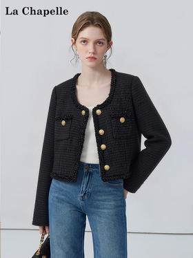 天猫同步【巴黎细闪！】拉夏贝尔/La Chapelle羊毛混纺别致U领单排扣设计气质编织短款通勤香风外套女