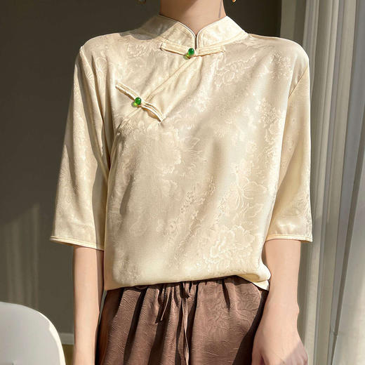 【新中式国风盘扣立领缎面短袖t恤】丝滑复古提花薄衬衫 商品图3