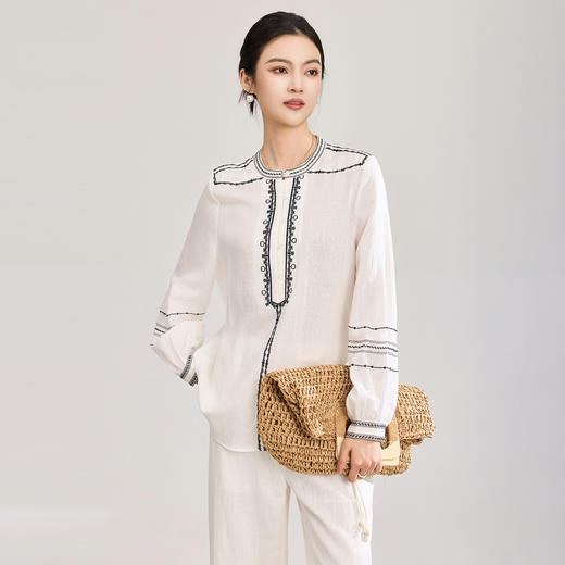 「高货wl」全新升级【铂金会员330/天猫439/差价109】(00957)洛诗琳法式氛围感撞色上衣2026新款天丝亚麻圆领衬衫女 商品图1