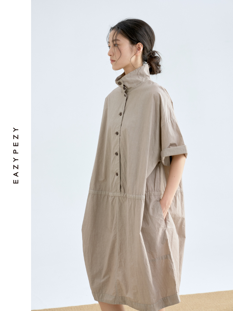 纸感棉系扣两穿工装连衣裙