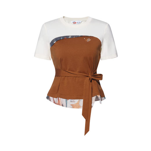 两三事余烬星辰2026夏季新款时尚刺绣撞色印花下摆绑带短袖t恤女 商品图4