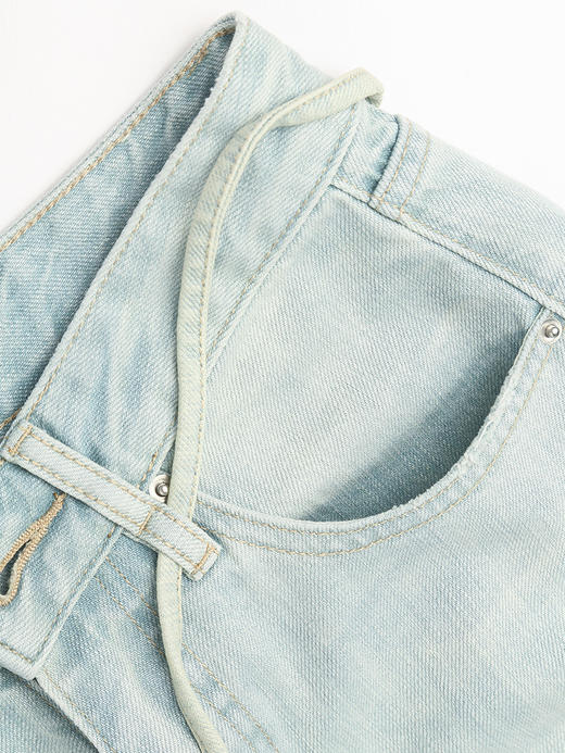 浅蓝水洗抽绳阔腿牛仔裤女 高腰垂感直筒裤 显瘦遮肉拖地长裤 商品图3