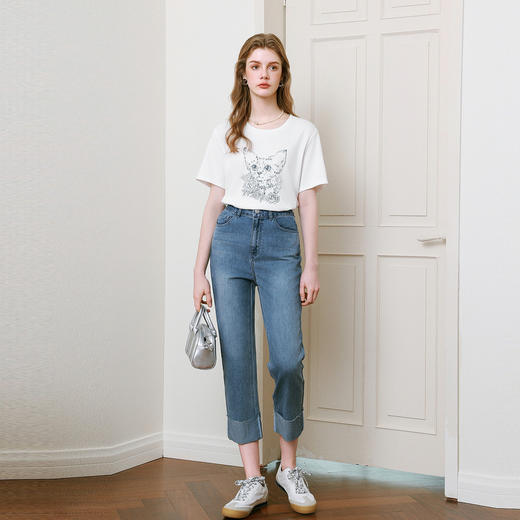 【商场同款】诗凡黎全棉印花T恤2025夏新款休闲短袖上衣3G4100711 商品图1