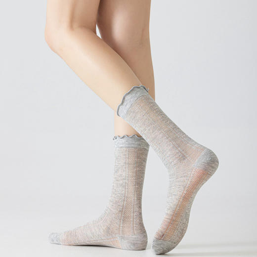 凉感桑蚕丝~春夏4双装女袜中筒袜 森系木耳边卷边 镂空透气网孔 百搭纯色女袜 商品图7