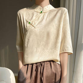 【新中式国风盘扣立领缎面短袖t恤】丝滑复古提花薄衬衫
