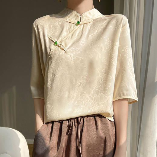 【新中式国风盘扣立领缎面短袖t恤】丝滑复古提花薄衬衫 商品图0