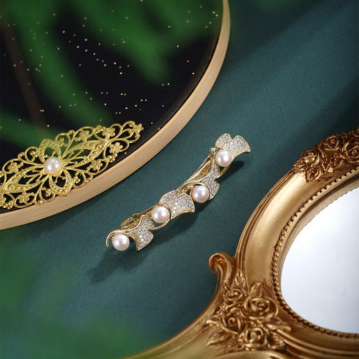 子佩集【珍幸运】珍珠惜王妃发夹【HBFJ030】6.5mm珠镀金银杏叶2601 商品图1