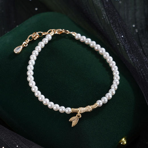 子佩集【筠心雅颂】银S925珍珠惜王妃手链【MLSL004】3mm珠镀金竹叶2601 商品图0