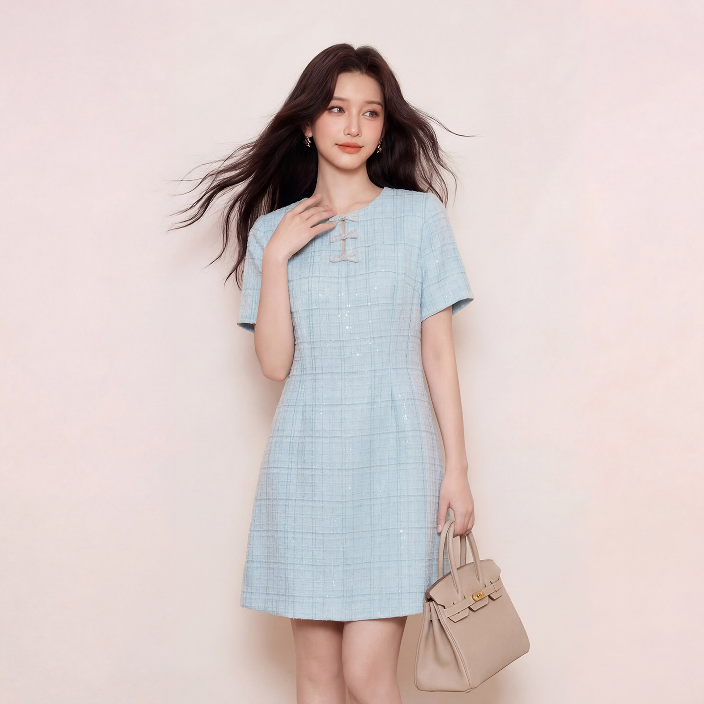 奢姿大码女装2026夏季时尚小香风圆领连衣裙胖妹妹气质清新长裙9962894552