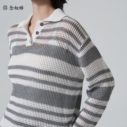 【商场同款】CNK6416  “ 条纹镂空衫 ”轻亚麻混纺 干爽舒适 宽松版型舒适自在POLO领毛衫 商品图1