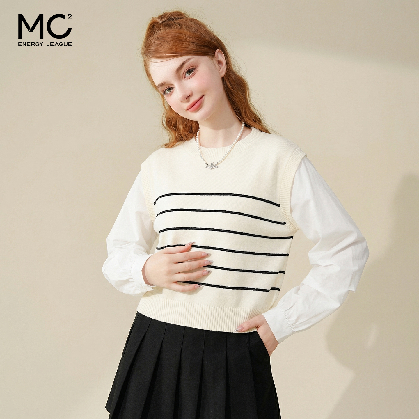 女装圆领拼接灯笼袖毛衣-16002M5241004