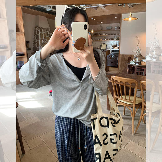 西遇莱赛尔v领长袖T恤女2026年春季新款宽松薄款防晒罩衫上衣SS060237 商品图2