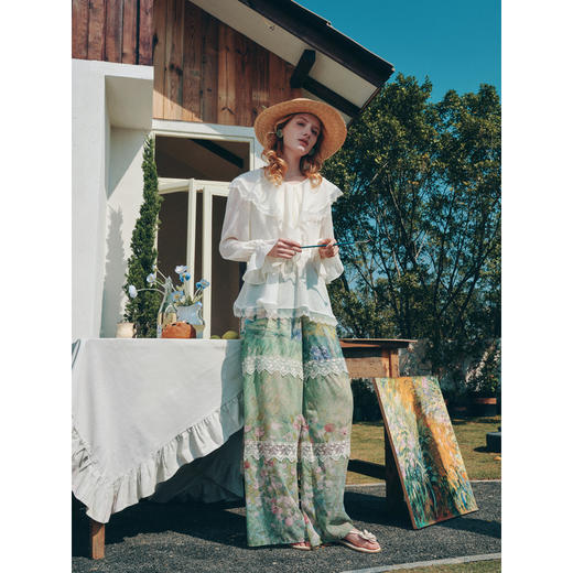 两三事梵高文艺薄色自持2026夏新款蕾丝拼接荷叶边两件套雪纺衫女 商品图2