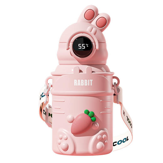 【智能数显❗️兔子儿童保温杯】卡通兔子萌趣造型，一键显温防烫嘴，长效保温保冷，智能数显实时测温，防漏防摔，宝宝喝水更安心，高颜值水杯学生宝宝背带吸管杯子L 商品图4