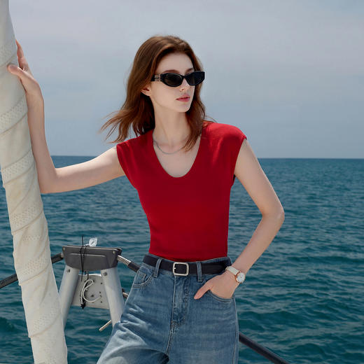 【莱赛尔】三彩2026夏季新款U领针织衫短袖上衣套头衫修身显瘦M 商品图1