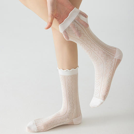 凉感桑蚕丝~春夏4双装女袜中筒袜 森系木耳边卷边 镂空透气网孔 百搭纯色女袜 商品图4