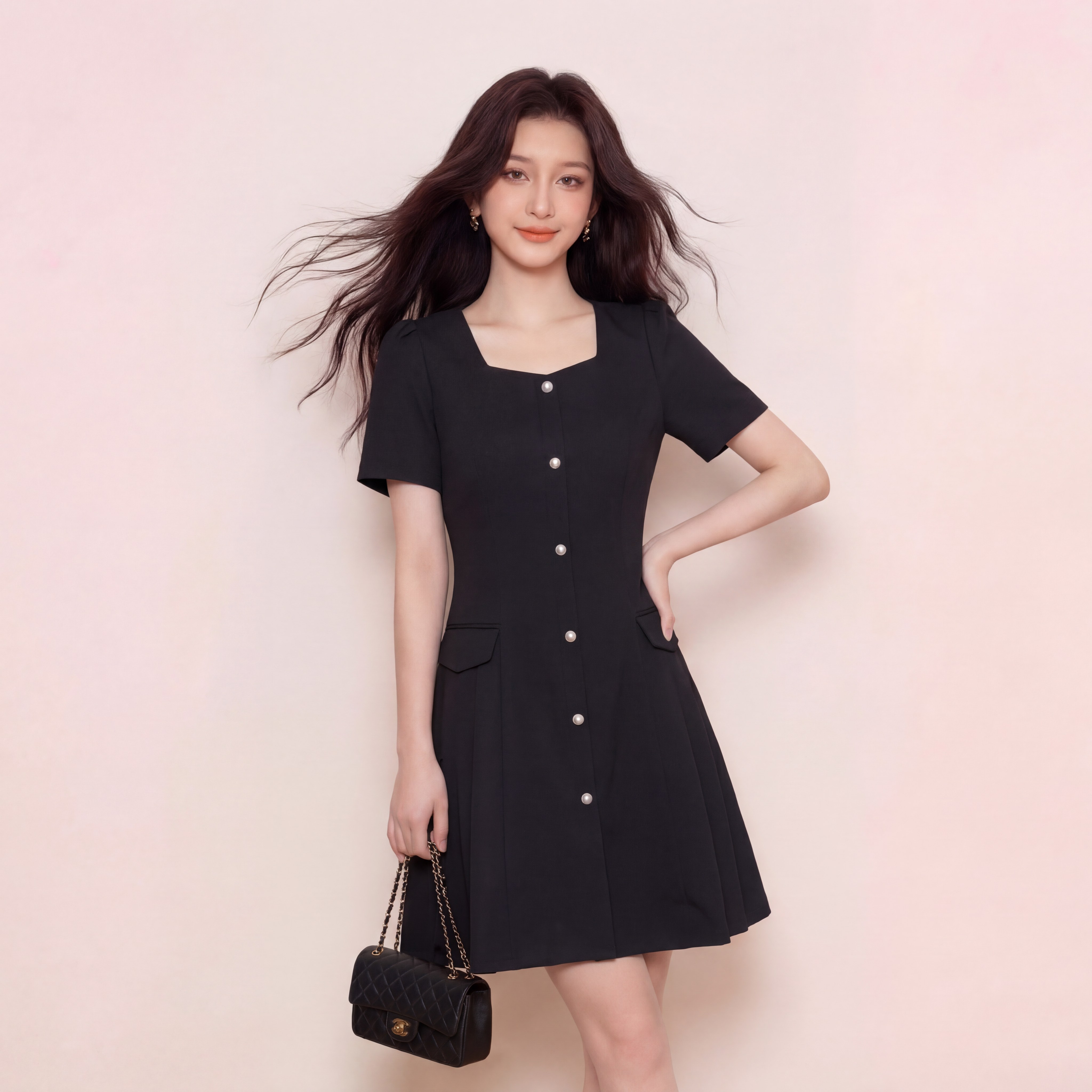 奢姿大码女装2026夏季气质方领轻奢时尚连衣裙胖妹妹小香风裙子3262803826