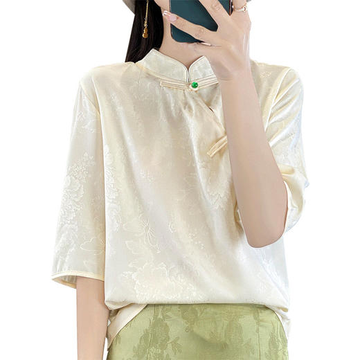 【新中式国风盘扣立领缎面短袖t恤】丝滑复古提花薄衬衫 商品图4