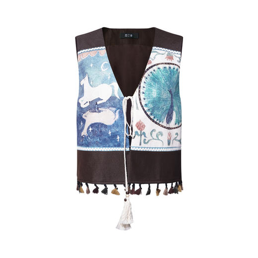 两三事旧话织梦2026夏新款复古流苏下摆绑带印花马甲女宽松马夹女 商品图4