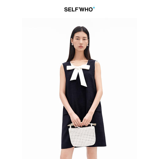 SELFWHO假两件撞色蝴蝶结U领连衣裙女2026夏季新款通小个子无袖裙 商品图0
