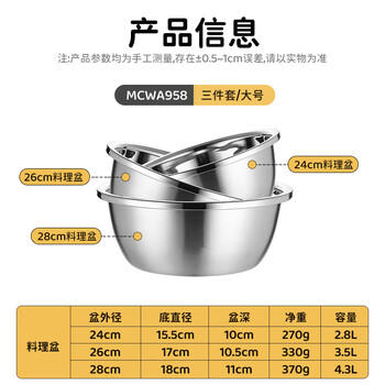 美厨（MAXCOOK）304不锈钢盆筛五件套加厚沙拉盆调料盆洗菜盆米筛味斗套装MCWA550 /厨具 /厨房储物 /料理盆 商品图1
