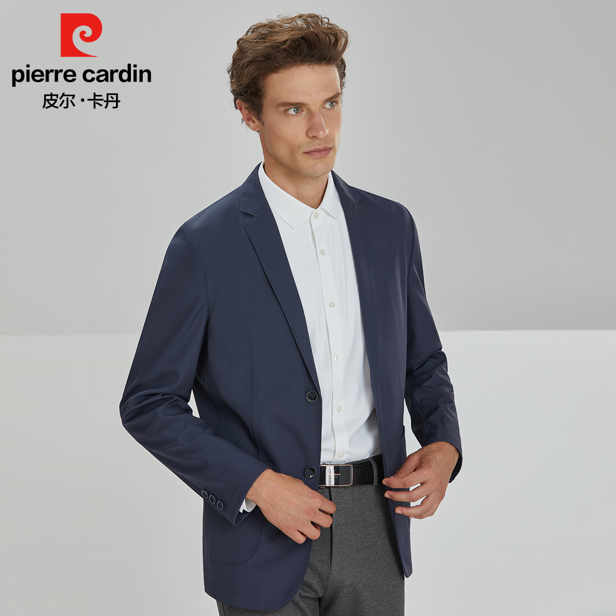 皮尔卡丹纯色平驳领贴袋磨毛无里两粒扣针织西服PXK06012