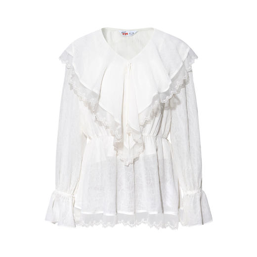 两三事梵高文艺薄色自持2026夏新款蕾丝拼接荷叶边两件套雪纺衫女 商品图4