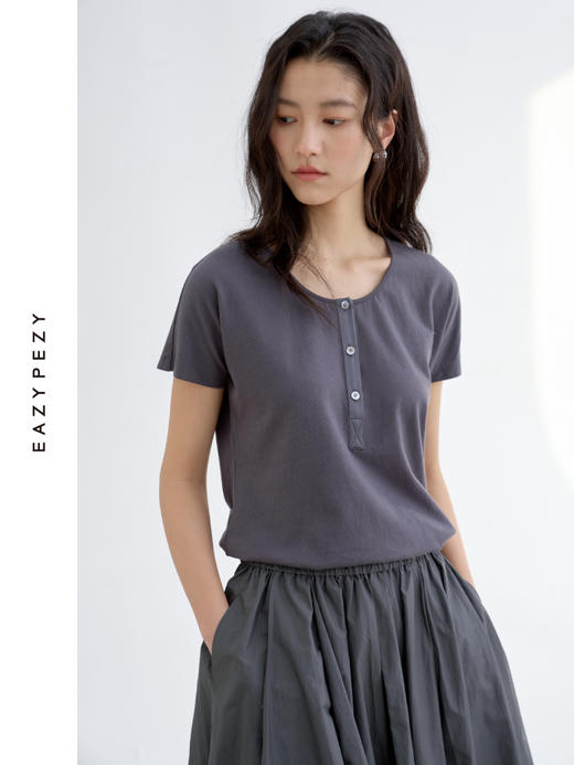 长绒棉亨利领真丝拼接短袖T恤 商品图0