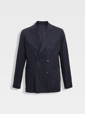 callisto藏青天丝亚麻混纺宽戗驳领双排扣西服