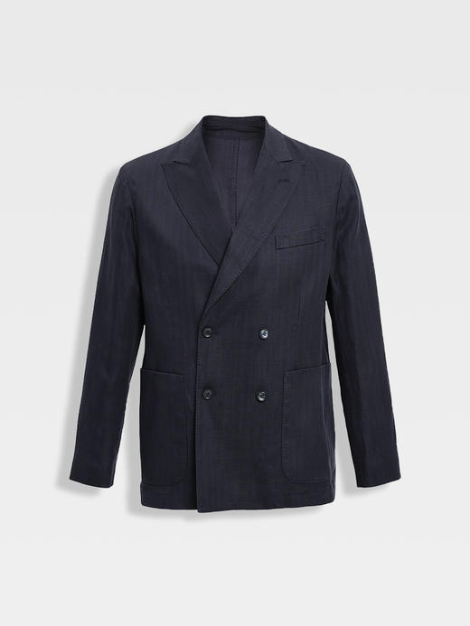 callisto藏青天丝亚麻混纺宽戗驳领双排扣西服 商品图0