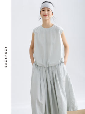 纸感棉高密棉圆领无袖伞裙套装